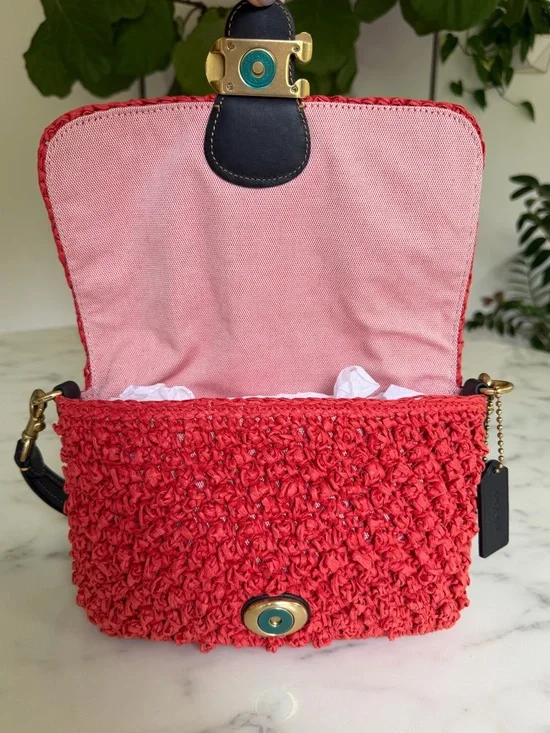Coach Straw Soft Tabby Shoulder Crossbody Bag Red Orange Black Brass Woven CA032 - Picture 11 of 16